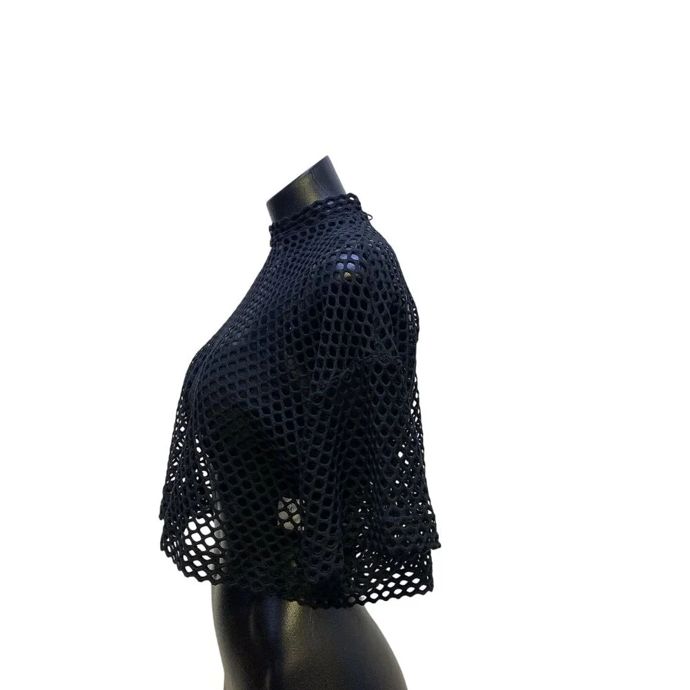 Akris Punto Black Crop Mesh Crochet Short Sleeve Mock Neck Top 6 - Picture 3 of 6